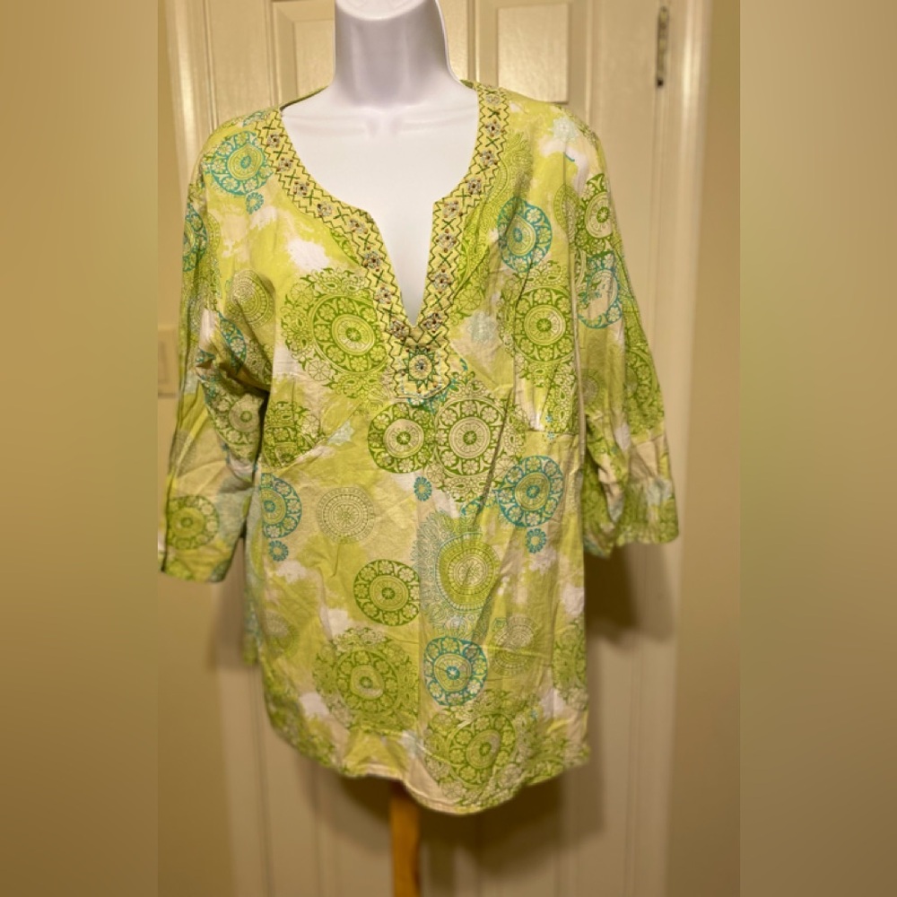 QUIZZ WOMAN Green/Teal/Cream Patterned Women's Boho Tunic, Size: 18W